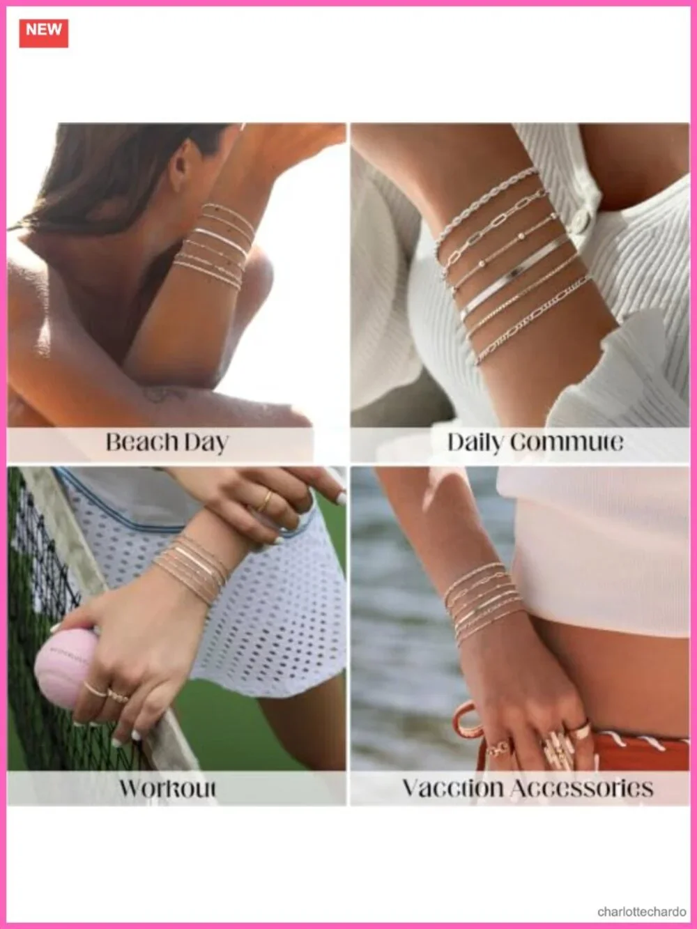 Waterproof Sterling Silver Plated Bracelets Set for Women 6 Pack